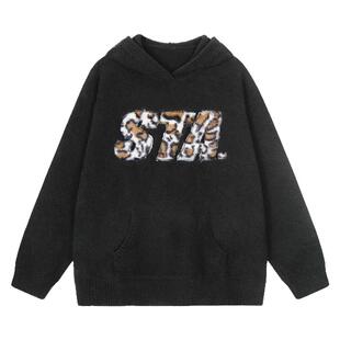 STA美式秋冬重磅豹纹字母毛衣连帽男宽松潮流针织衫休闲情侣上衣