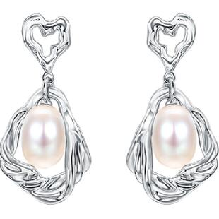 梦金园水波爱心纯银耳钉S925珍珠耳坠小众高级感银首饰送女友礼物