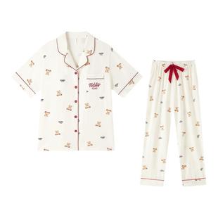 泰迪熊女士睡衣纯棉夏季带胸垫短袖长裤棉家居服套装秋春2026新款