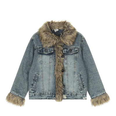 秋冬美式复古毛领牛仔棉服外套