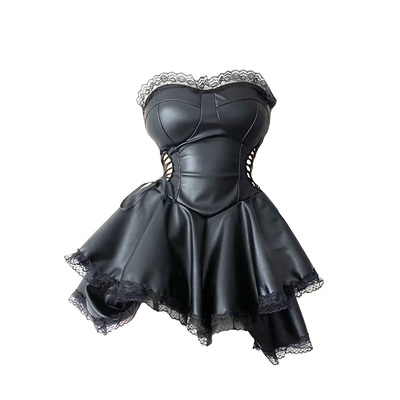 绑带PU革夏日哥特花边蕾丝A字裙