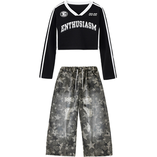 嘻哈女童爵士舞KPOP时髦星星牛仔裤走秀服甜酷女孩街舞表演拍摄服