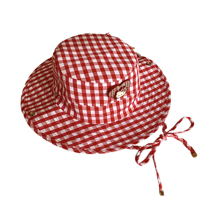 kitty猫咪红色格子渔夫帽女夏季2025新款遮阳防晒显脸小登山帽子
