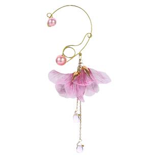 原创轻古风花朵耳饰薄纱珍珠耳环小众流苏耳挂式耳夹汉服仙无耳洞