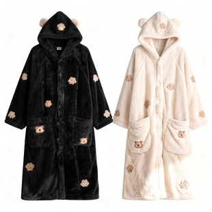 猫人珊瑚绒情侣睡衣女秋冬季加绒加厚睡袍2025新款连帽家居服套装