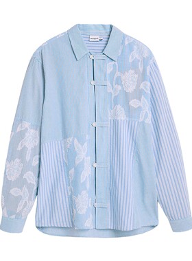 Desigual26春夏新品宽松条纹拼接剪花翻领长袖男式衬衫