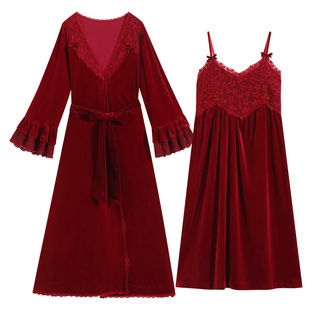 女款红色吊带睡衣两件套女冬季结婚性感金丝绒睡裙晨袍女新娘睡袍