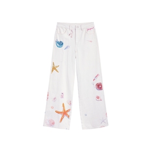 Desigual26春夏新品海洋手绘海星印花刺绣白色女士牛仔裤