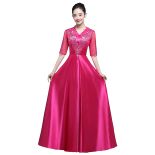 中老年大合唱演出服女长裙舞台表演迎宾礼服优雅长款合唱团演出服