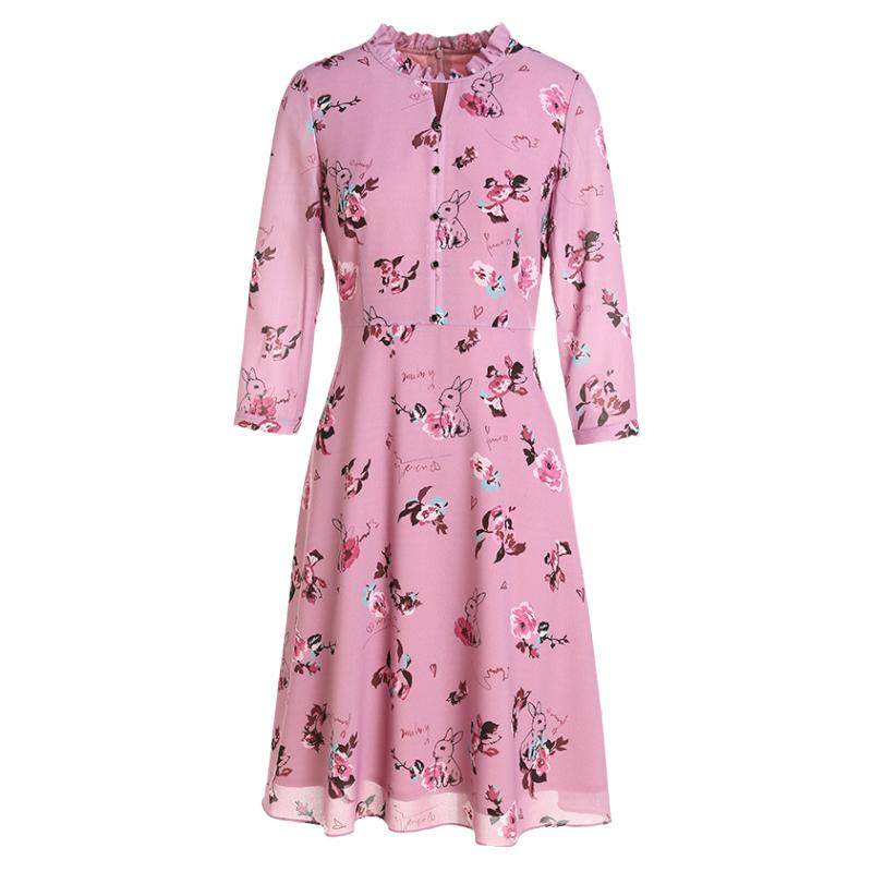 乔万尼春装商场新款修身气质显瘦印花七分袖欧货连衣裙女中长款