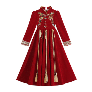 女童冬季连衣裙加绒儿童秋冬裙子红色礼服2025新款汉服唐装拜年服