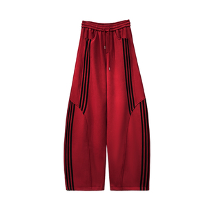 帅气条纹拼接设计加绒休闲弯刀裤女冬新款高腰宽松显瘦百搭香蕉裤