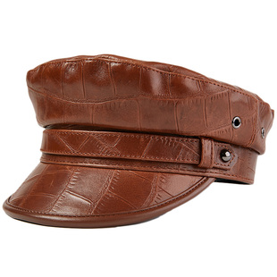 平顶帽单帽海军风真皮帽子海盗帽船长帽男土女羊皮50岁民国帽春秋