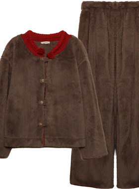 加厚保暖珊瑚绒睡衣家居服套装女