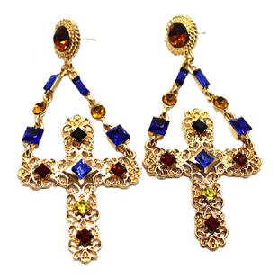 包邮欧美女王复古宫廷巴洛克镀金浮夸超大花朵宝石十字架耳环耳钉