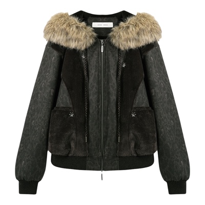 西町村屋潮酷外套女2025冬新款豹纹拼接可拆卸毛领上衣XAAD10604