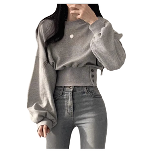 设计感小众短款收腰圆领卫衣女秋季薄款百搭宽松显瘦无帽长袖上衣