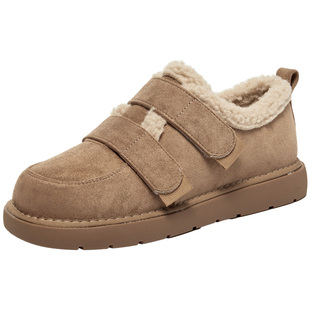 大东女鞋加绒保暖棉鞋2025冬季新款低跟平底魔术贴绒面勃肯毛毛鞋