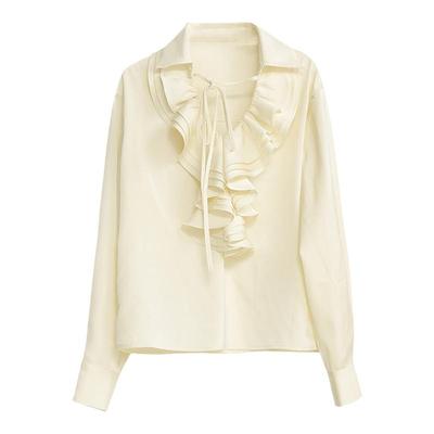 龙喜儿修身长袖荷叶V领衬衫