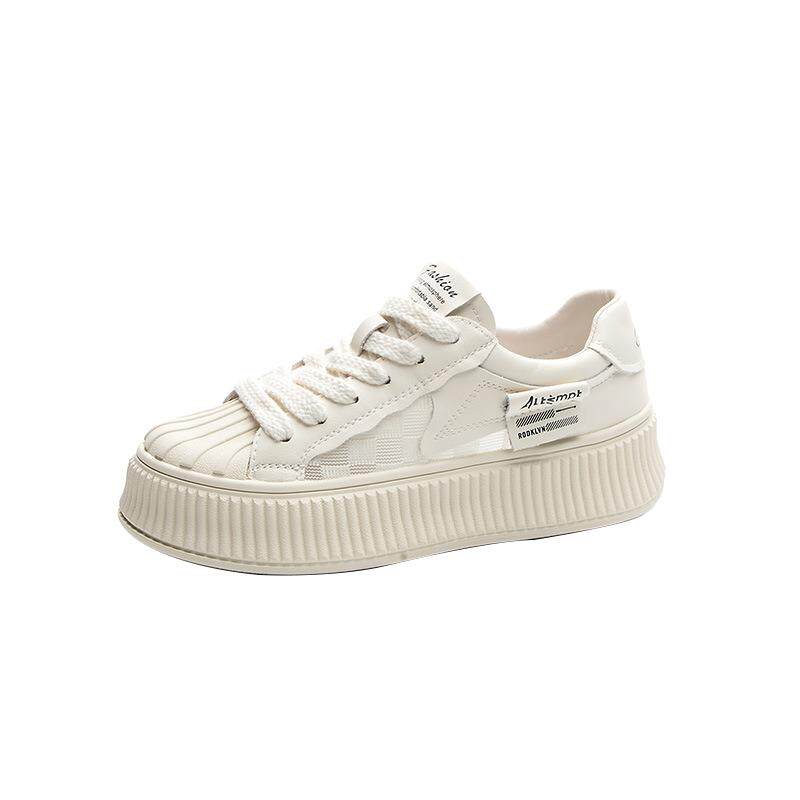 贝壳头小白鞋女2026年春夏百搭网面厚底真皮休闲半拖板鞋运动单鞋