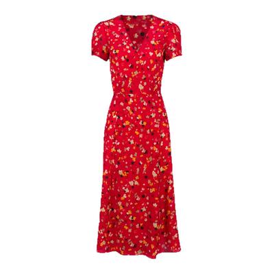 【现货】About Reformation连衣裙法式红色碎花系带裹身V领茶歇裙