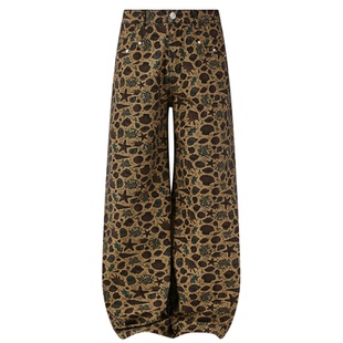 PASET复古美式卡其印花牛仔裤巴恩风宽松直筒男女裤子设计感长裤