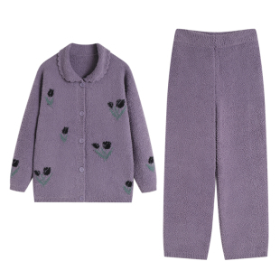 妮狄娅睡衣女秋冬保暖软绵绵甜美开衫款半边绒时尚紫色家居服套装