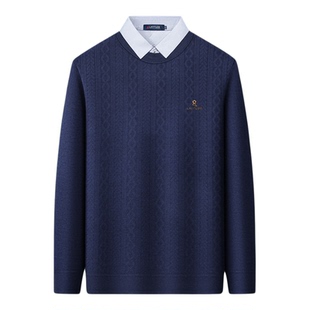 梦特娇男装秋冬加绒毛衣男士打底衫假两件加厚保暖绵羊毛针织衫Z