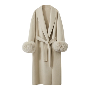 Amii2025冬新款可拆卸狐狸毛袖口配腰带全羊毛双面呢女毛呢大衣