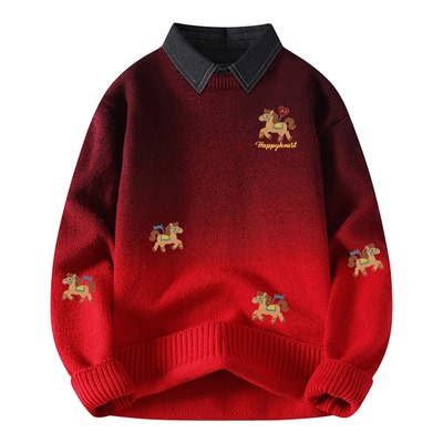 查尔斯桃心马年2026新款衬衫领毛衣男女冬季新款宽松休闲针织衫