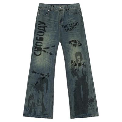 美式复古印花做旧裤子小众宽松