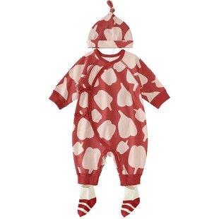新生婴儿衣服秋冬哈衣满月服百天红色过年新年服宝宝连体衣3件装