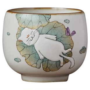 手绘荷叶猫咪功夫茶杯主人杯送同事员工年会礼物女士闺蜜生日礼品