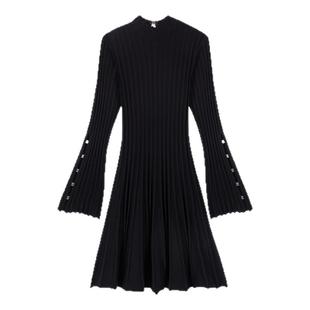 Maje2025秋冬女装法式时尚黑色喇叭袖这周裙摆收腰短款针织连衣裙
