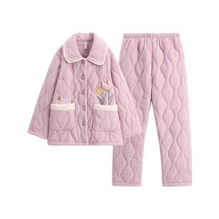 芬腾女士睡衣冬季珊瑚绒三层加厚夹棉袄加绒保暖抗静电家居服套装