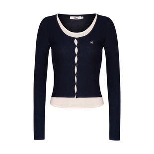 Liilou clean fit 镂空门襟 桑蚕丝羊毛撞色假两件长袖针织上衣