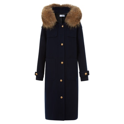 朗姿设计感藏蓝色毛呢外套女貉子毛领长呢子大衣2025年冬季新款