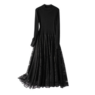 大码女装半高领针织连衣裙女秋冬蕾丝钉珠内搭过膝打底毛衣长裙子