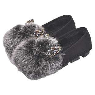 欧洲站2025秋冬新款棉瓢鞋外穿狐狸毛女鞋真毛厚底加绒爆款毛毛鞋