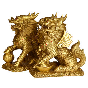聚贤阁 純铜麒麟摆件火麒麟一对客厅脚踩家居饰品客厅工艺品
