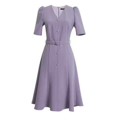 罗衣优雅泡泡袖连衣裙浅紫色淑女