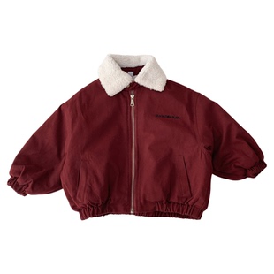 男童冬装加绒外套2025新款儿童韩版红色翻领宽松加厚保暖夹克棉衣