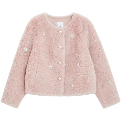 【博主同款】bebe2025秋冬新款女浅粉色羊毛质感仿皮草外套402115