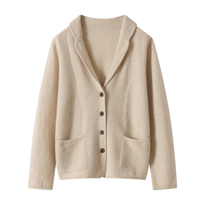 【康赛妮】100纯山羊绒碎玉针西服领厚款针织开衫外套上衣女