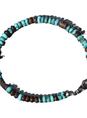 纯银复古恐龙化石骨珠手链绿松石