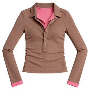 Basic House/百家好撞色半开领长袖T恤女冬季亨利领修身打底上衣