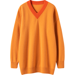 重头戏！慵懒浪漫！桔色v领羊绒毛衣 加厚羊绒衫 女 纯羊绒 宽松
