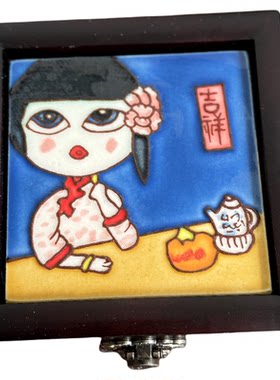 立体浮雕手绘陶瓷镶嵌首饰盒收纳盒实木制作复古创意礼品盒新中式
