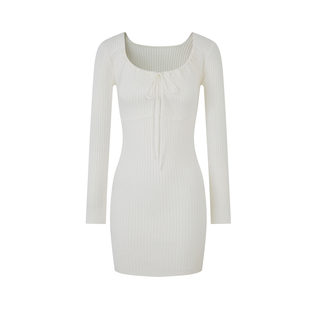 ByYou春季新款白色U领长袖兔绒针织包臀连衣裙短款叠穿内搭打底裙