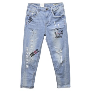 特价清仓ABLE JEANS女破洞印花立体男朋友锥形九分裤宽松女牛仔裤